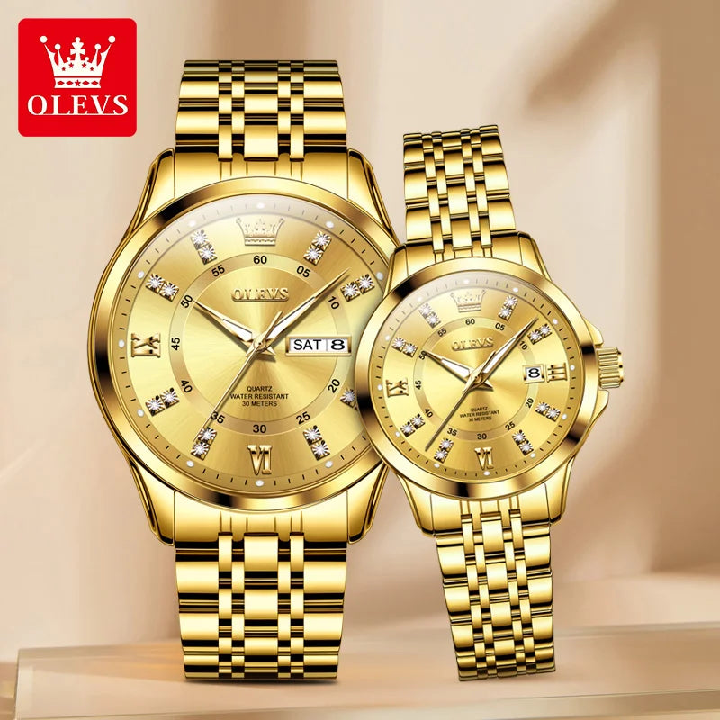 Original Luxury Couple Watch Waterproof Luminous Quartz Watch His and Her Stainless Steel Strap Temperament Wristwatch