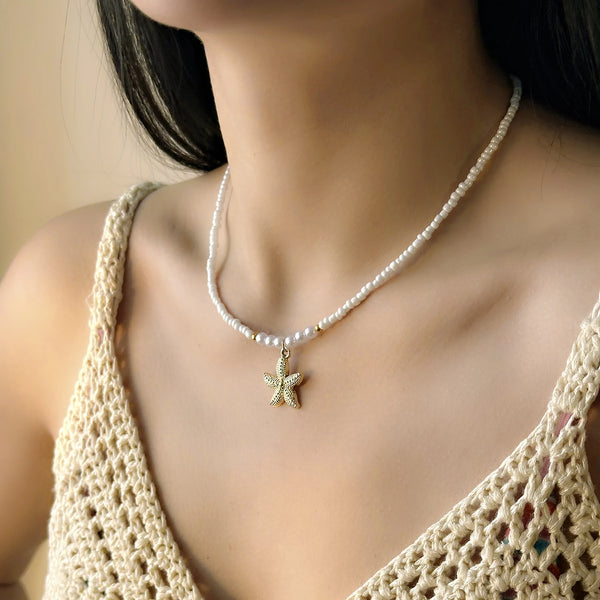 Bohemian Rice Beads Starfish Pendant Necklace for Women Handmade Imitation Pearl Colorful Beaded Choker Summer Beach Jewelry