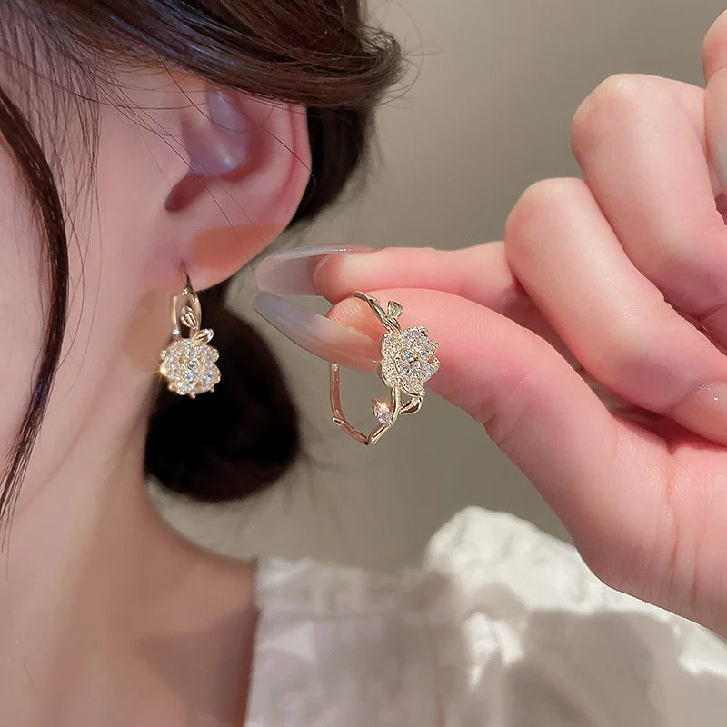 Exquisite Leaves Crystal Flower Stud Earrings for Women AAA Zircon Rose Butterfly Tassel Earring Bride Wedding Party Jewelry