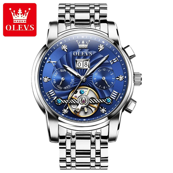 Mens Watch Automatic Mechanical Tourbillon Slef-Wind Luxury Stainless Steel Strap Waterproof Luminous Date Wrist Watch