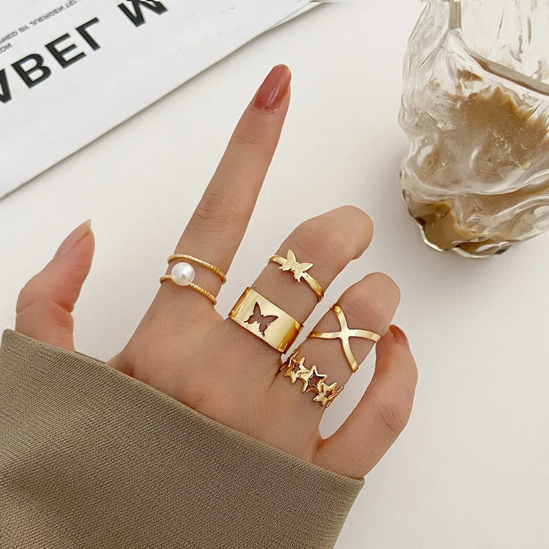Gold Rings Set 5pc - Beauty & Butterflies